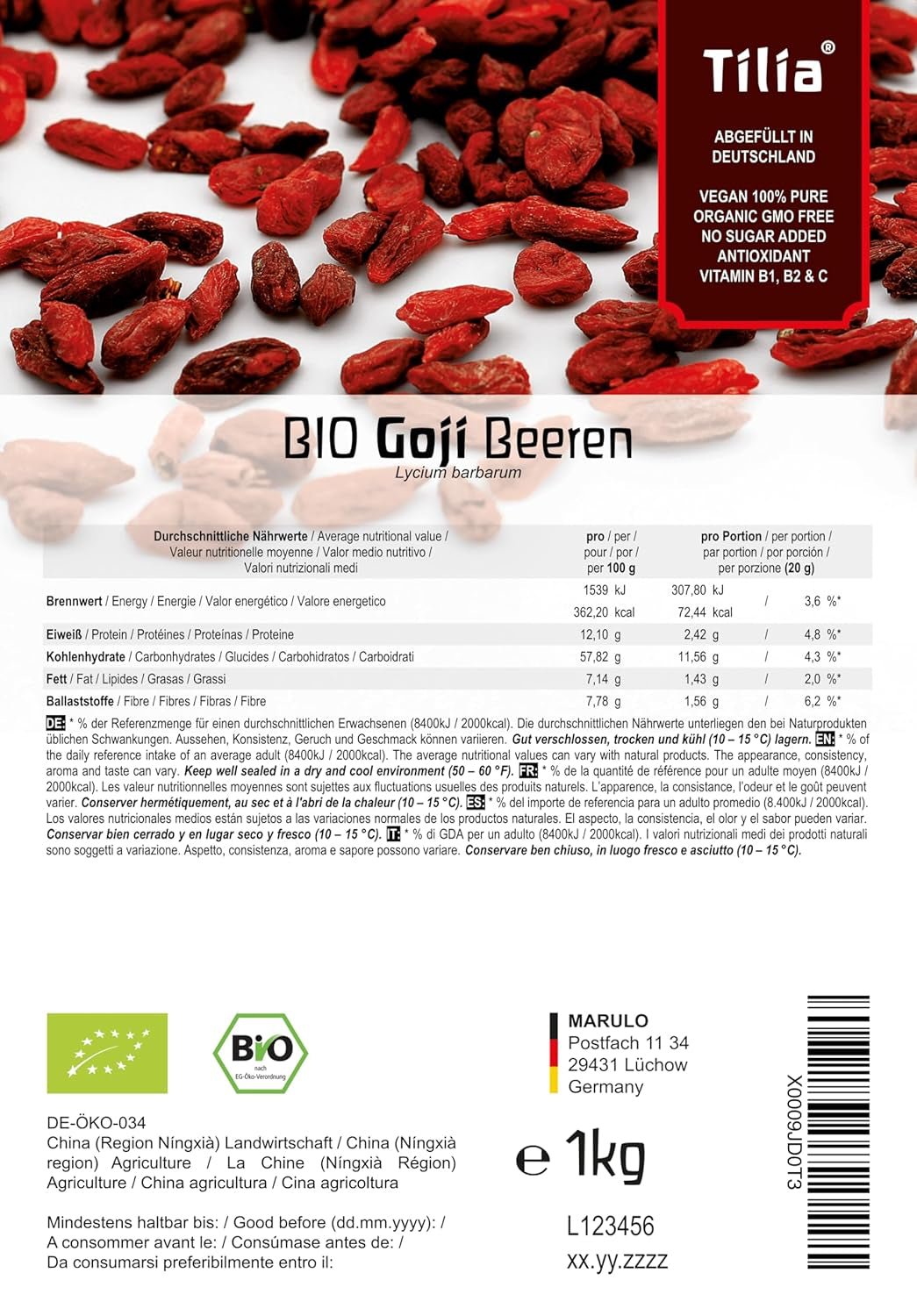 Tilia BIO Gojibär 1 kg Uttorkade produkter Naty Shop