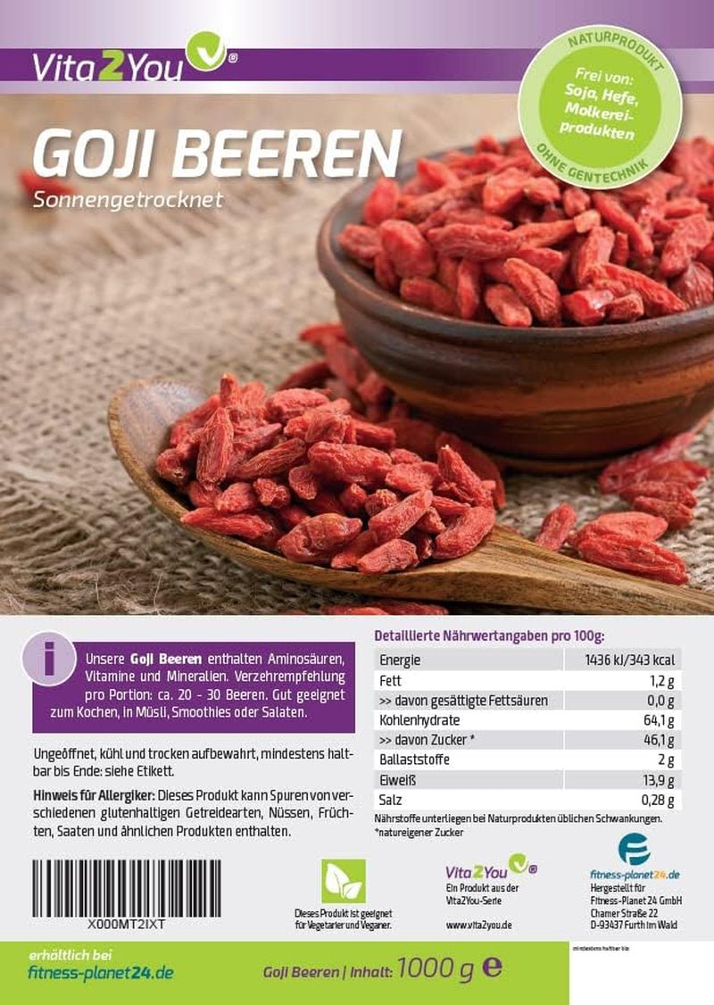 Vita2You Gojibär 1 kg - vargbär - torkade i solen - osvavelfria och utan tillsatser - 1000g - zip-påse - förstklassig kvalitet Dehydrerade produkter Naty Shop