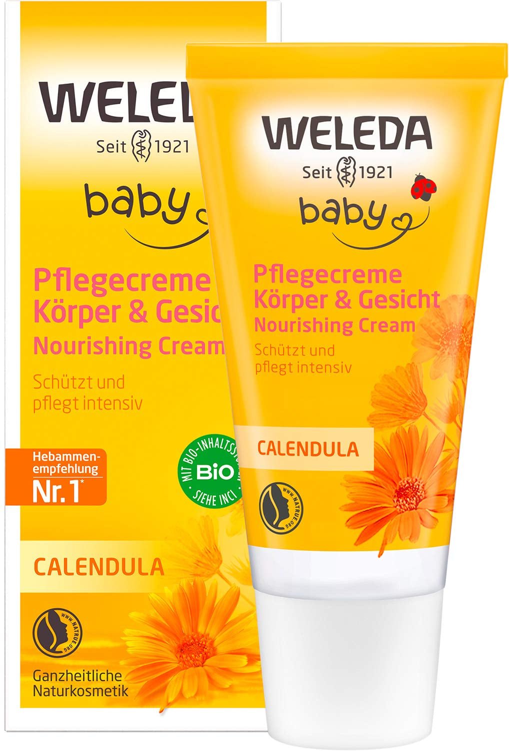 WELEDA Organic Baby Calendula Care Cream Body & Face 30ml - Ansiktskräm / hudkräm för naturlig kosmetika med sesamolja och lanolin för torr hudvård. Fuktgivande vårdkräm för spädbarn och barn Barn - Bad och hudvård Naty Shop 30 Ml