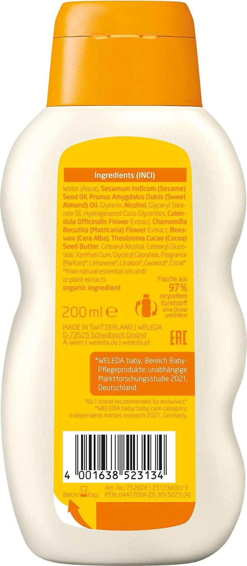 WELEDA Organic Baby Calendula Care Milk - Naturlig kosmetisk kroppslotion med mandelolja och bivax för vård och rengöring av torr babyhud. Delikat hudvårdslotion för spädbarn och barn (1x 200ml) Barn - Bath and Skincare Naty Shop