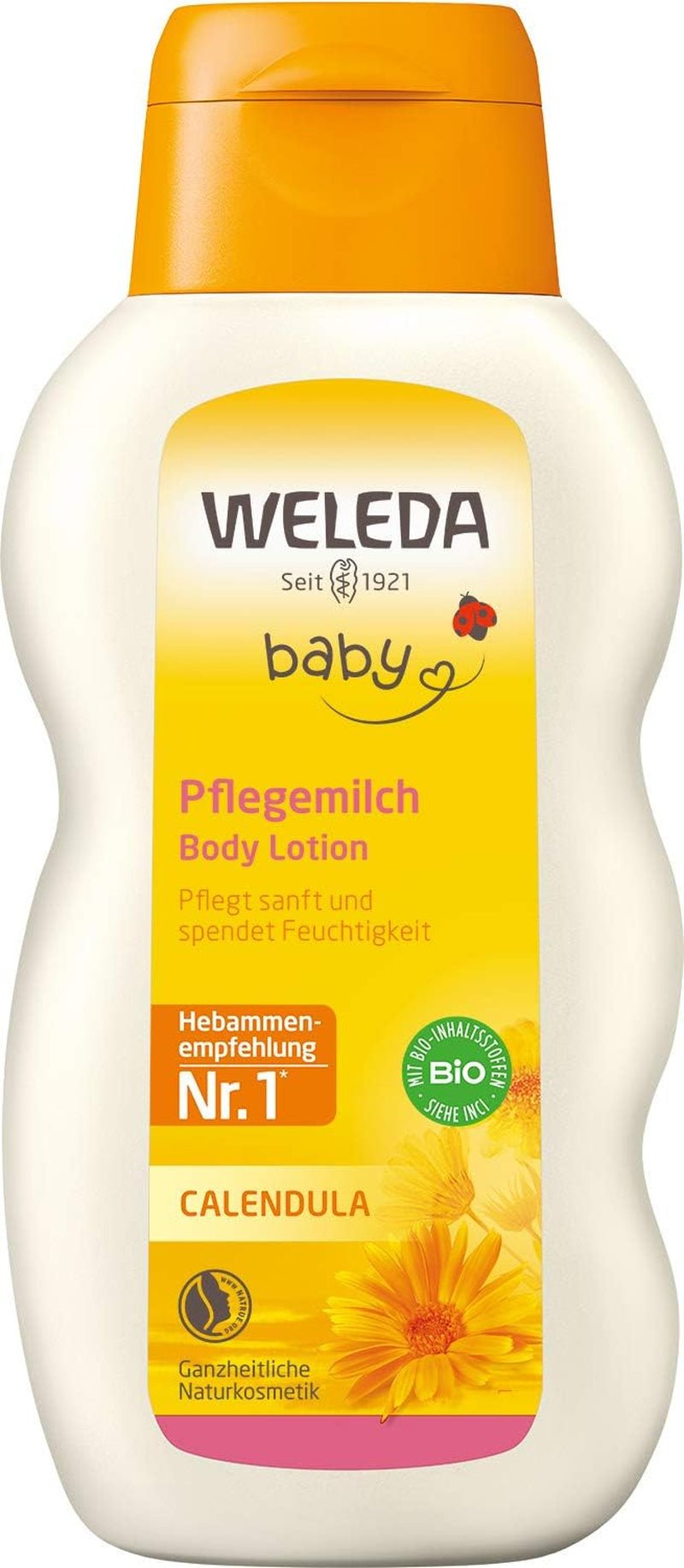 WELEDA Organic Baby Calendula Care Milk - Naturlig kosmetisk kroppslotion med mandelolja och bivax för vård och rengöring av torr babyhud. Delikat hudvårdslotion för spädbarn och barn (1x 200ml) Barn - Bad och hudvård Naty Shop Standardtitel