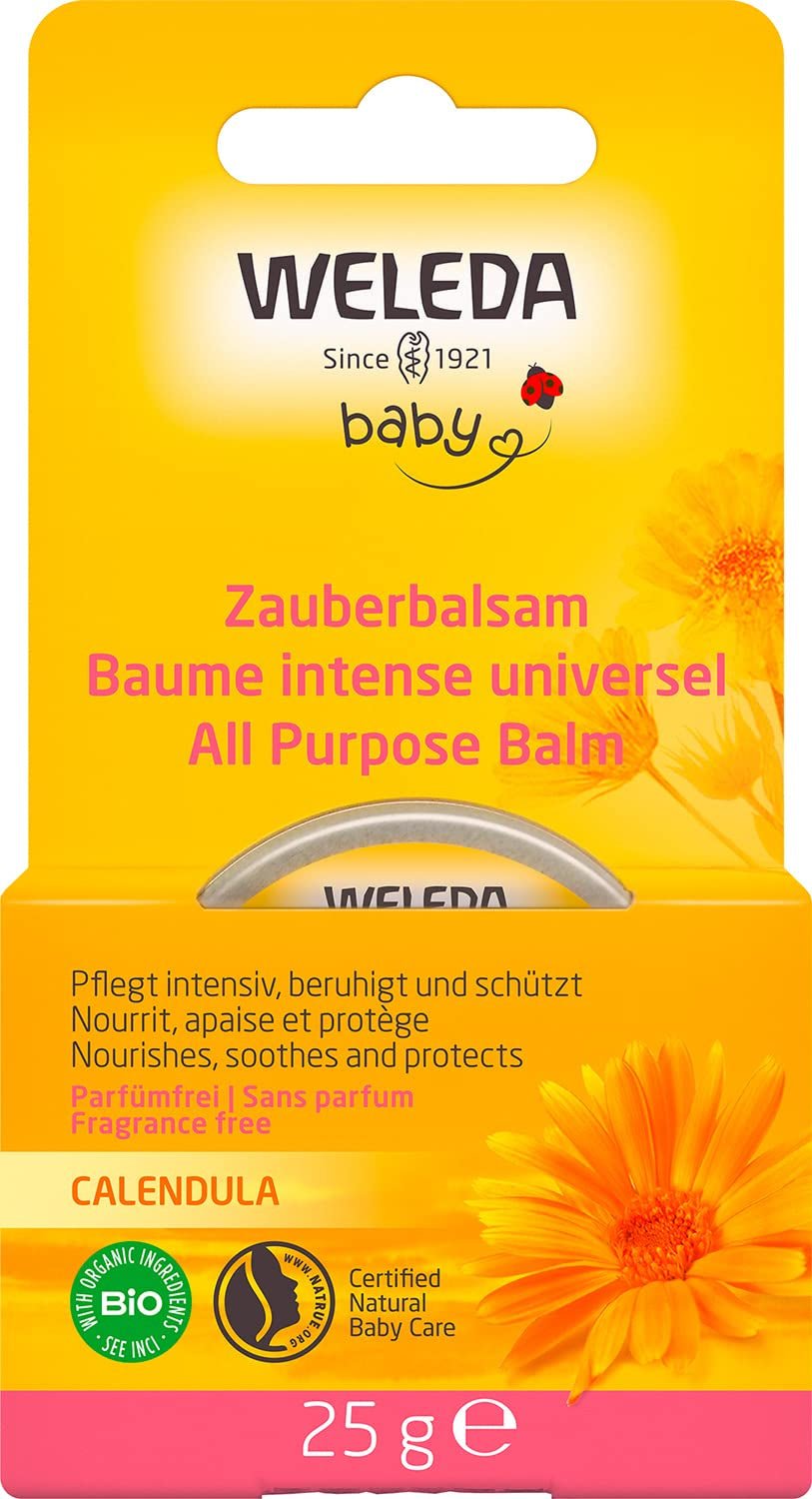 WELEDA Organic Baby Calendula Magic Balm - Universalbalsam av naturlig kosmetika för ansikte och kropp för att vårda och lugna torr hud och läppar. Universal rikt balsam för spädbarn och barn (1x 25g) Barn - Bad och hudvård Naty Shop