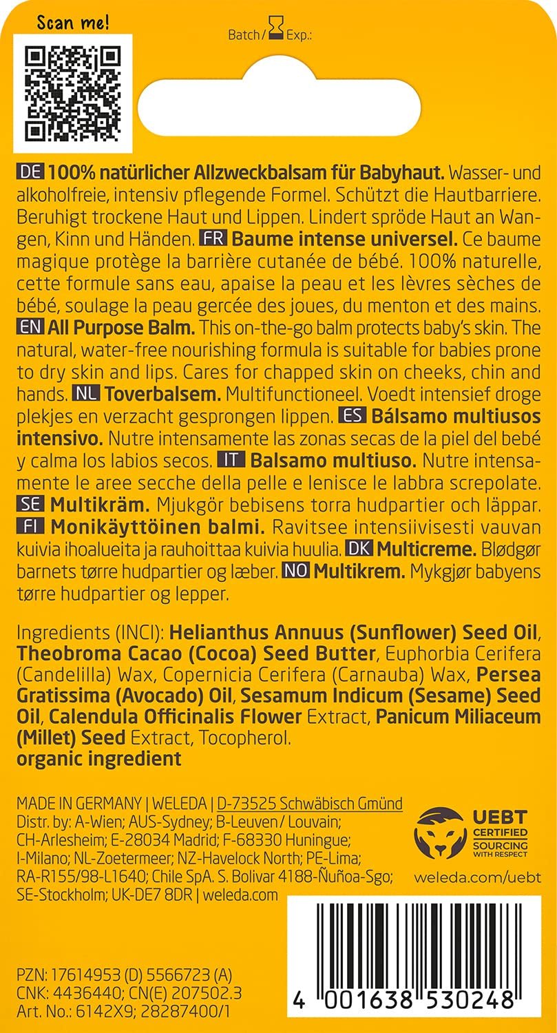 WELEDA Organic Baby Calendula Magic Balm - Universalbalsam av naturlig kosmetika för ansikte och kropp för att vårda och lugna torr hud och läppar. Universal rikt balsam för spädbarn och barn (1x 25g) Barn - Bad och hudvård Naty Shop