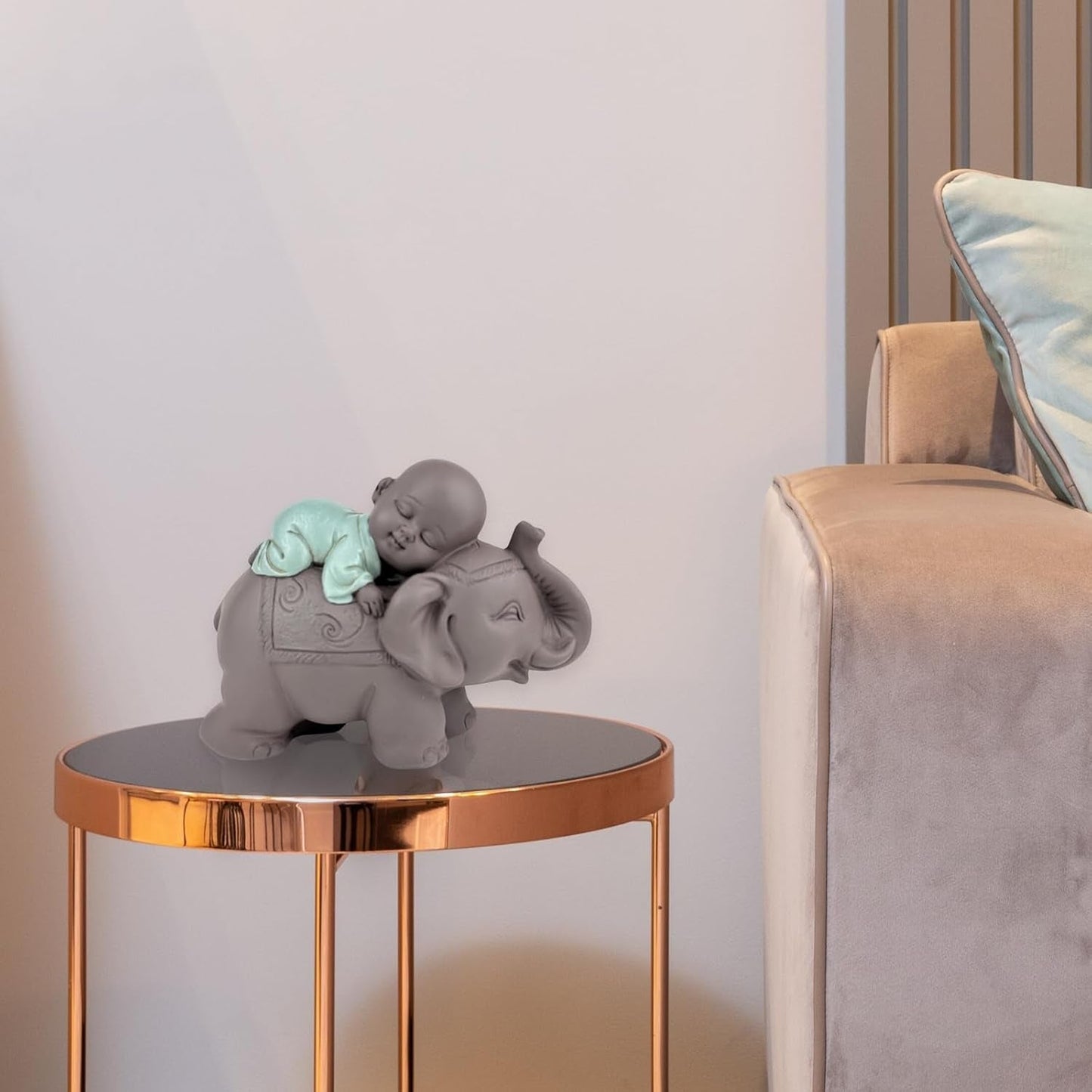 Zen'Light Statue Buddha Bonze Sova på elefant - Zen-atmosfär i ditt heliga utrymme - vacker gynnsam figur -H 9,5 cm, Brun & Grön Statyetter och skulpturer Naty Shop