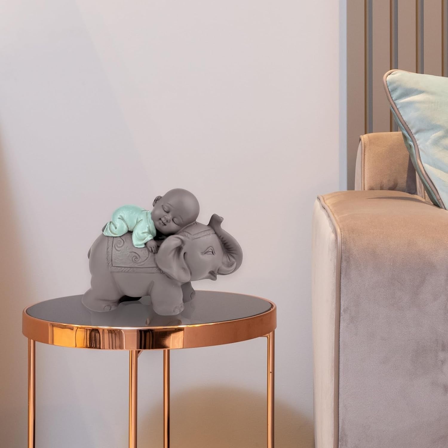 Zen'Light Statue Buddha Bonze Sova på elefant - Zen-atmosfär i ditt heliga utrymme - vacker gynnsam figur -H 9,5 cm, Brun & Grön Statyetter och skulpturer Naty Shop