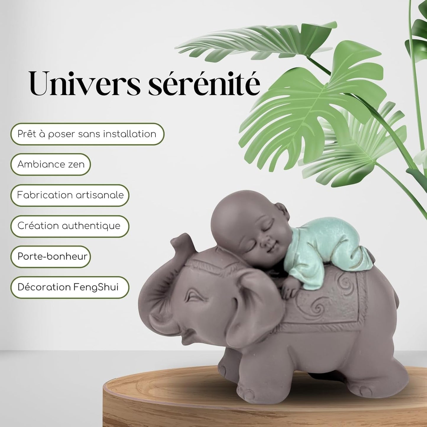 Zen'Light Statue Buddha Bonze Sova på elefant - Zen-atmosfär i ditt heliga utrymme - vacker gynnsam figur -H 9,5 cm, Brun & Grön Statyetter och skulpturer Naty Shop
