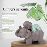 Zen'Light Statue Buddha Bonze Sova på elefant - Zen-atmosfär i ditt heliga utrymme - vacker gynnsam figur -H 9,5 cm, Brun & Grön Statyetter och skulpturer Naty Shop