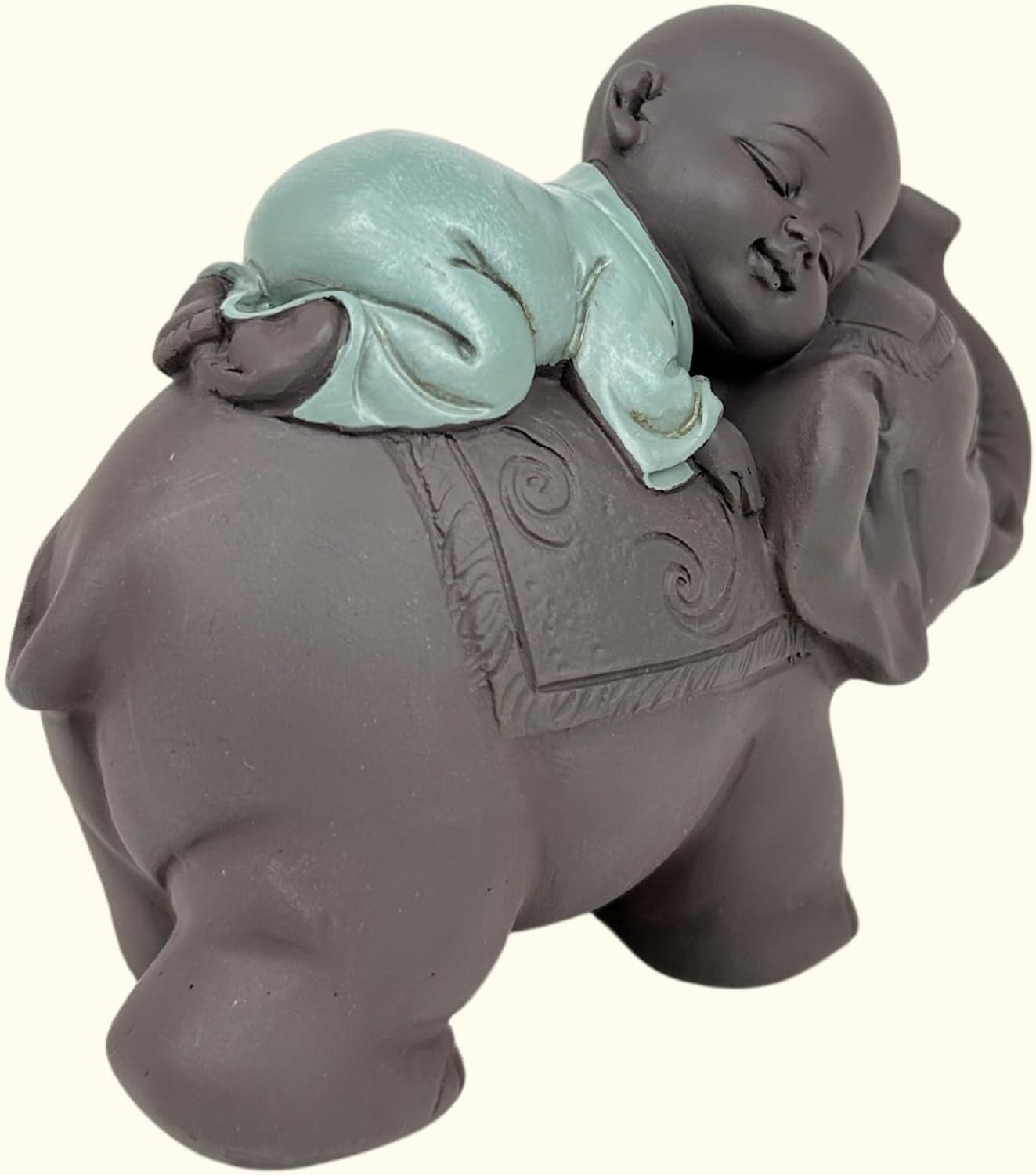 Zen'Light Statue Buddha Bonze Sova på elefant - Zen-atmosfär i ditt heliga utrymme - vacker gynnsam figur -H 9,5 cm, Brun & Grön Statyetter och skulpturer Naty Shop