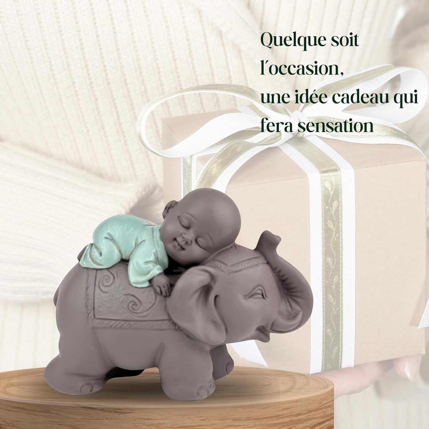 Zen'Light Statue Buddha Bonze Sova på elefant - Zen-atmosfär i ditt heliga utrymme - vacker gynnsam figur -H 9,5 cm, Brun & Grön Statyetter och skulpturer Naty Shop