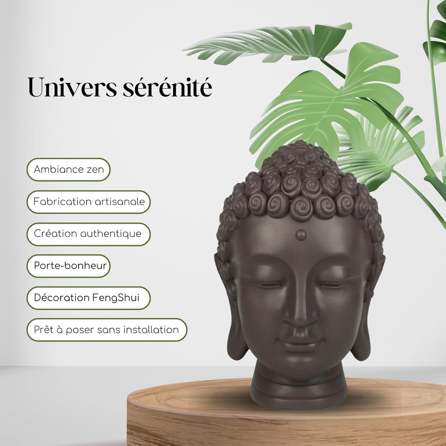 Zen'Light - Statyett med Buddhahuvud - Dekoration för Zen, meditation och feng shui - Present för en avkopplande och andlig atmosfär - Buddhastatyett - Höjd: 20 cm - Färg: grön/brun Statyetter och skulpturer Naty Shop