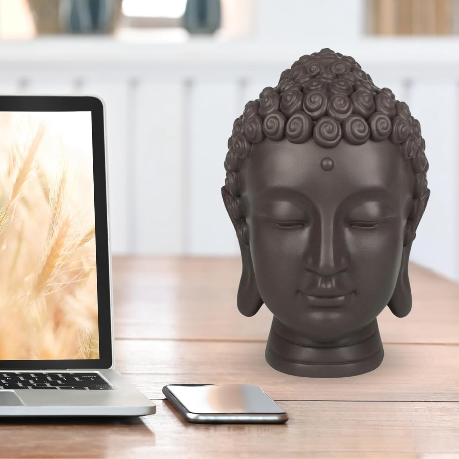 Zen'Light - Statyett med Buddhahuvud - Dekoration för Zen, meditation och feng shui - Present för en avkopplande och andlig atmosfär - Buddhastatyett - Höjd: 20 cm - Färg: grön/brun Statyetter och skulpturer Naty Shop