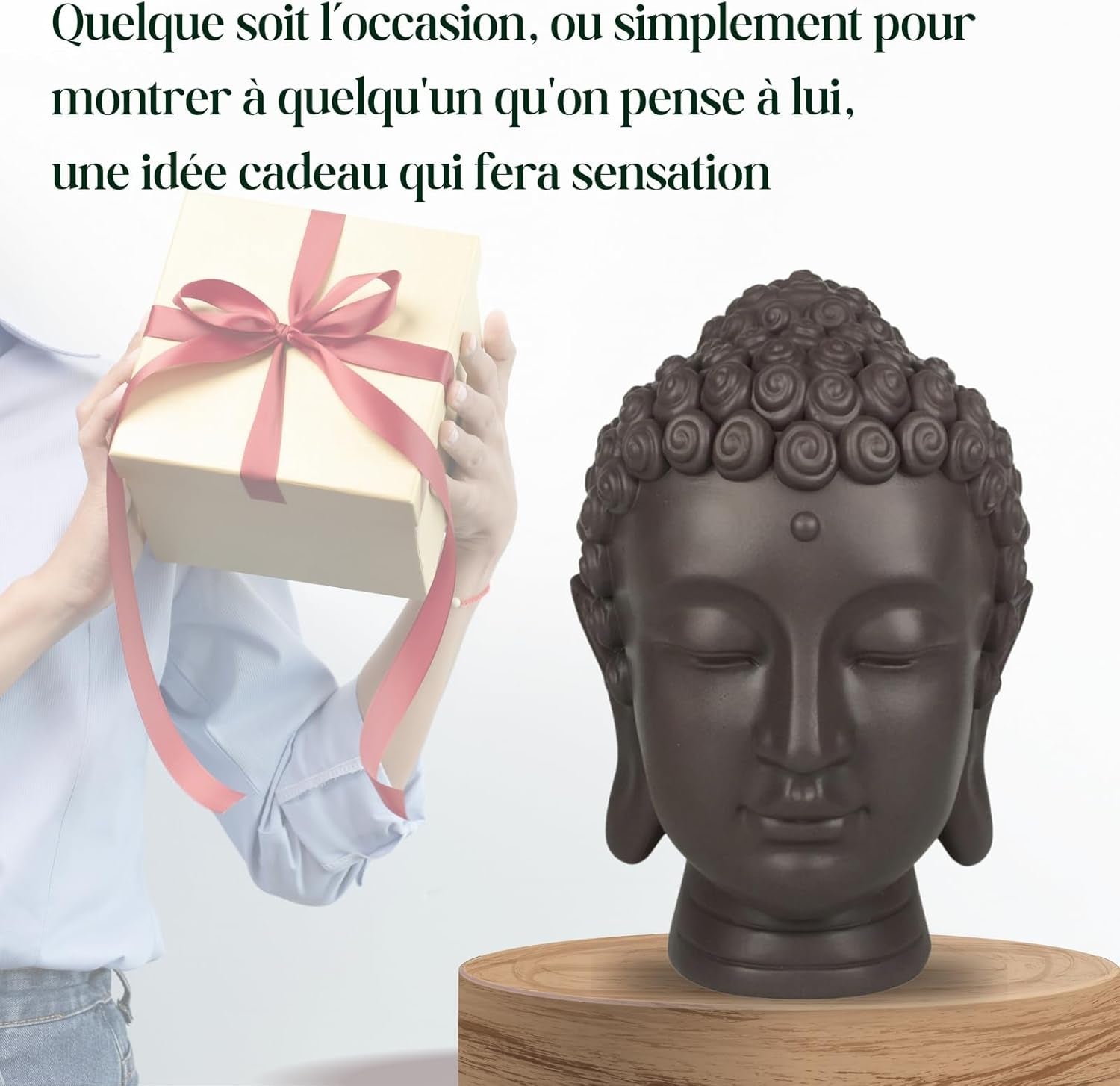 Zen'Light - Statyett med Buddhahuvud - Dekoration för Zen, meditation och feng shui - Present för en avkopplande och andlig atmosfär - Buddhastatyett - Höjd: 20 cm - Färg: grön/brun Statyetter och skulpturer Naty Shop