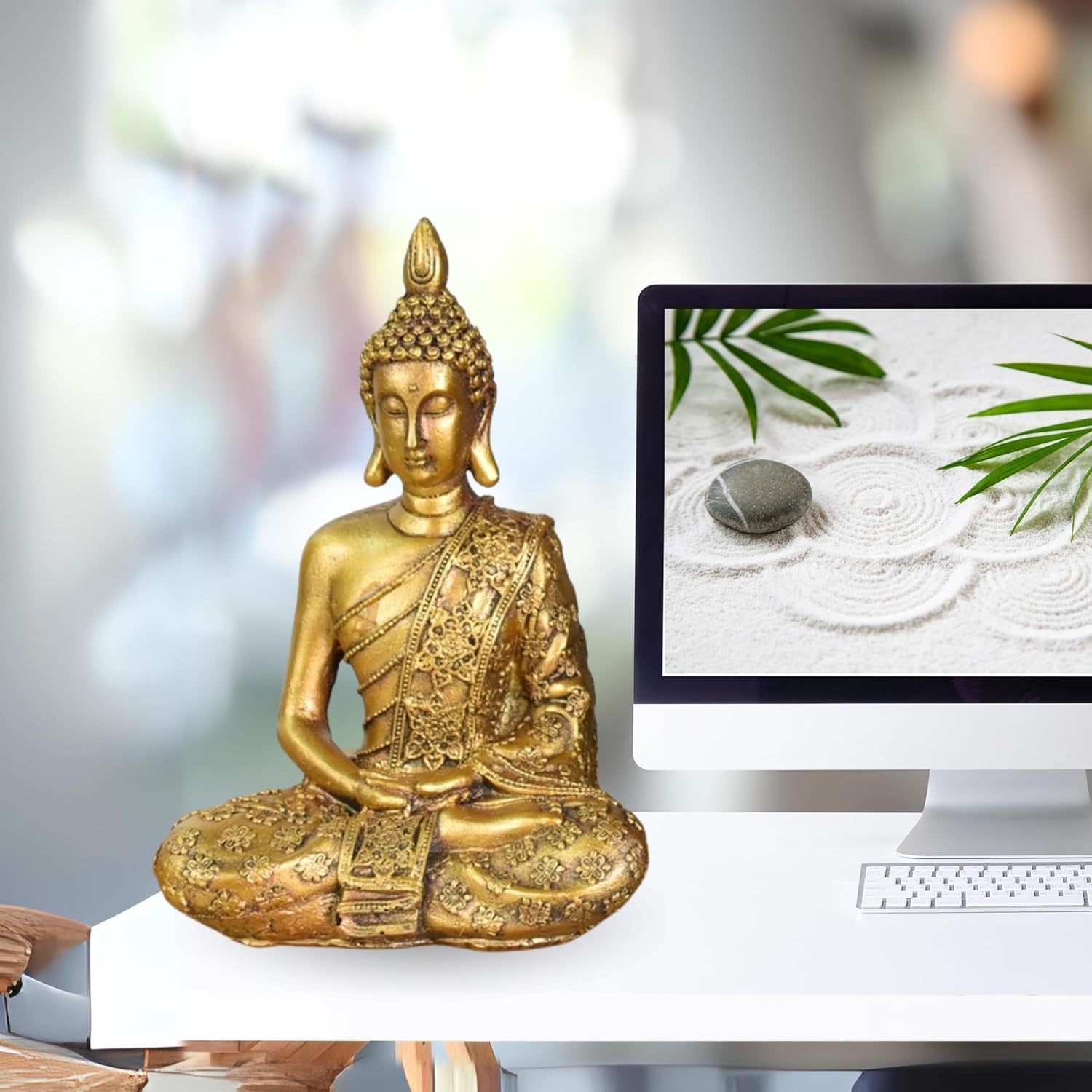 Zen'Light - Statyett med Buddhahuvud Sanci - Dekoration för Zen, meditation och feng shui - Present för en avkopplande och andlig atmosfär - Buddhastaty - Höjd: 18 cm - Färg: guld Statyetter och skulpturer Naty Shop