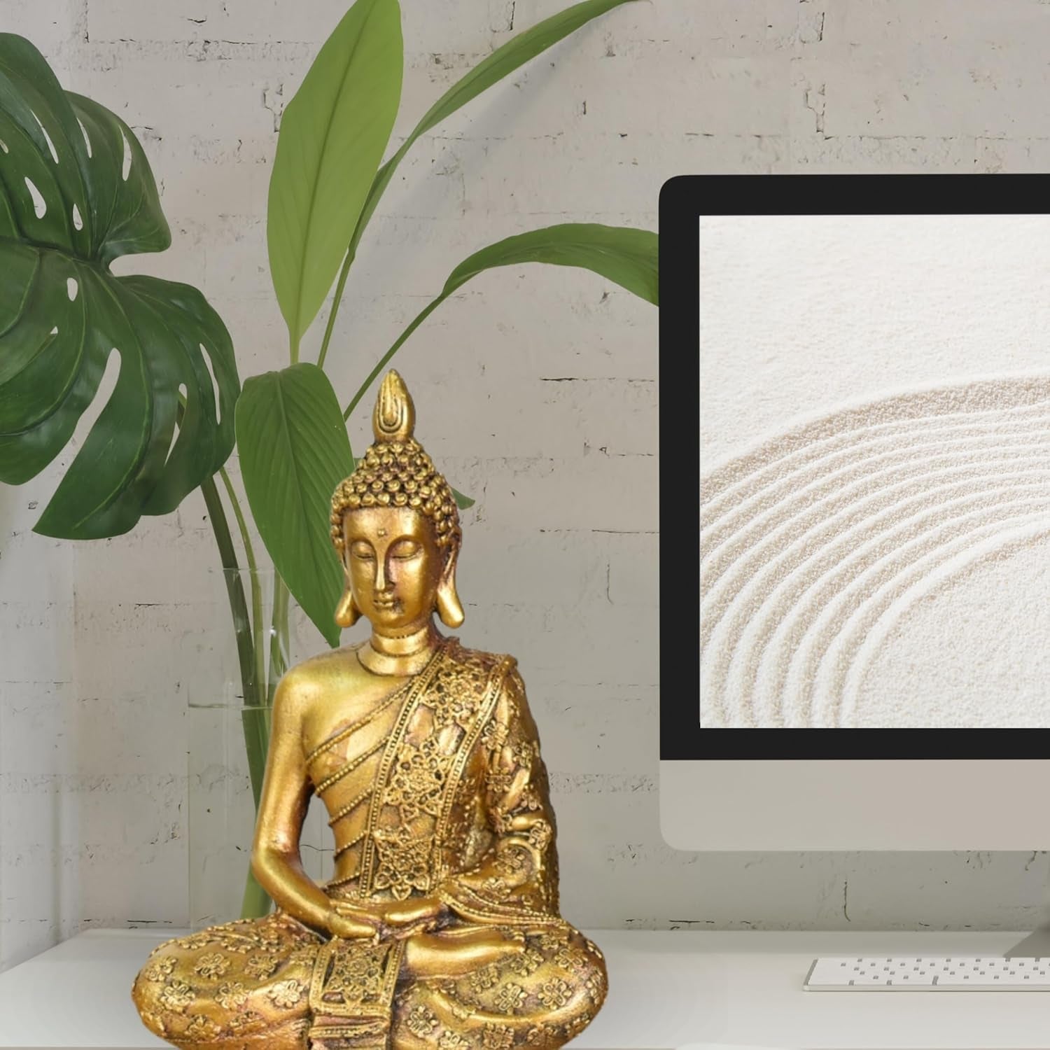 Zen'Light - Statyett med Buddhahuvud Sanci - Dekoration för Zen, meditation och feng shui - Present för en avkopplande och andlig atmosfär - Buddhastaty - Höjd: 18 cm - Färg: guld Statyetter och skulpturer Naty Shop