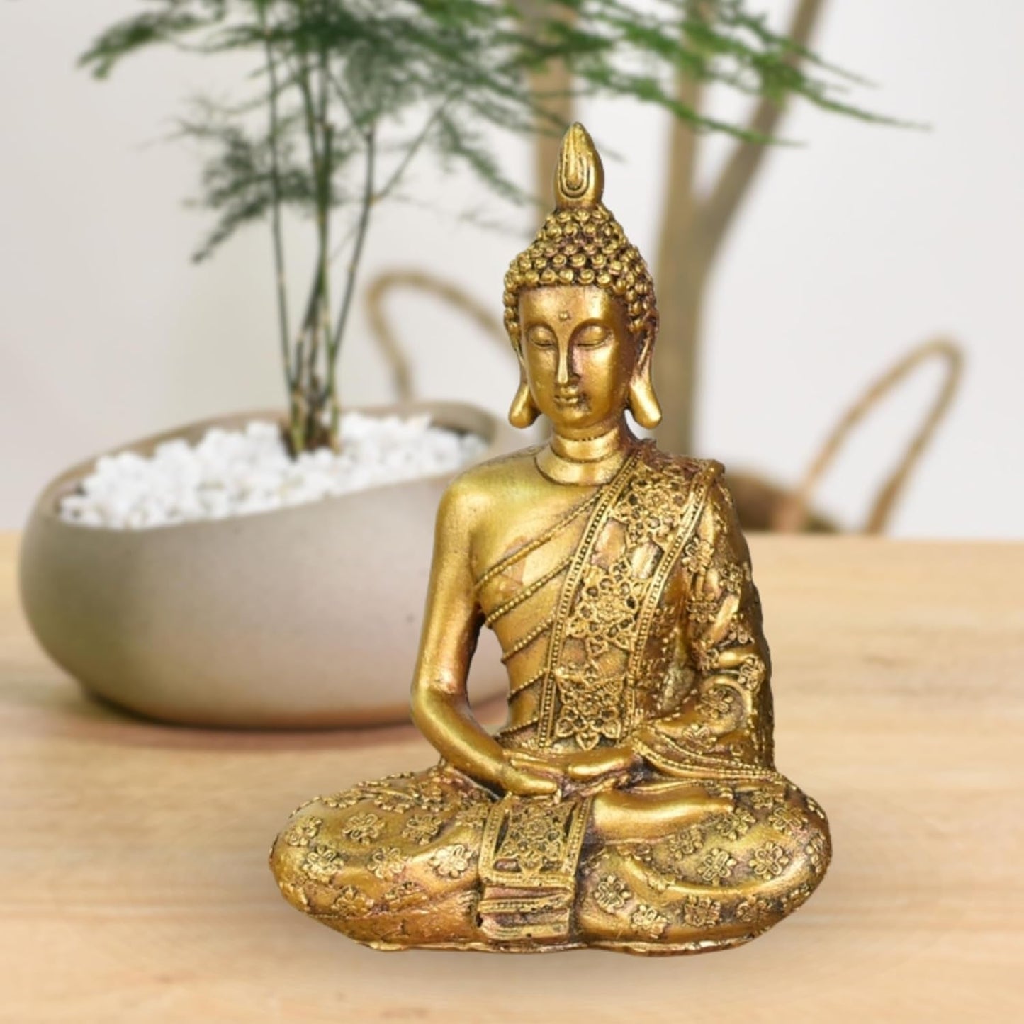 Zen'Light - Statyett med Buddhahuvud Sanci - Dekoration för Zen, meditation och feng shui - Present för en avkopplande och andlig atmosfär - Buddhastaty - Höjd: 18 cm - Färg: guld Statyetter och skulpturer Naty Shop